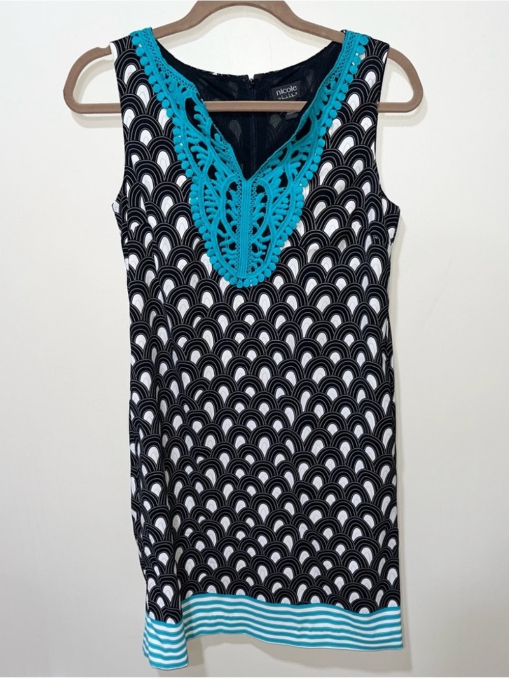 ❤️NWT 4 Small Nicole by Nicole Miller Sleeveless Black Teal White Dress Label B3